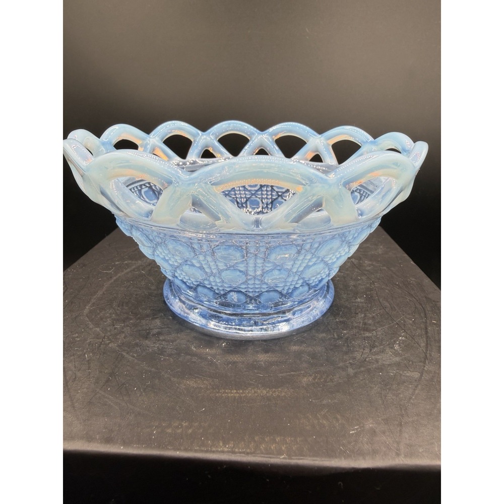 Vintage Imperial Glass – Katy Blue – Lace Edged Button Opalescent 5" Bowl 💙🧿